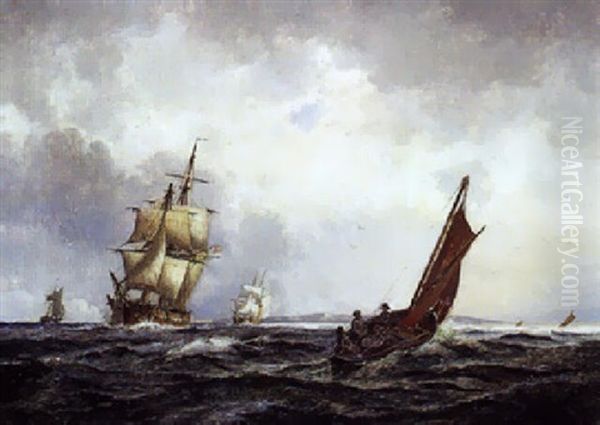 Marine Med Sejlskibe Udfor Kysten Oil Painting by Holger Drachmann