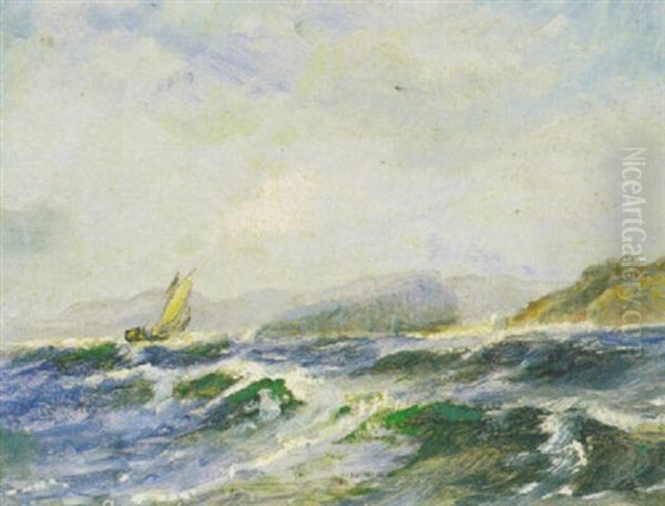 Marine Med Sejlskibe Udfor Kyst Oil Painting by Holger Drachmann