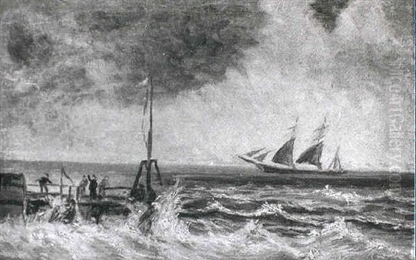 Marine Med Maend Pa En Mole Og Sejlskib Oil Painting by Holger Drachmann