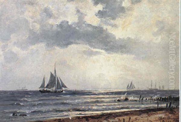 Skibe Ud For Kysten Soien Brydenigennem Skyer Ne Oil Painting by Holger Drachmann