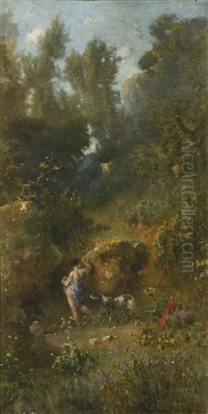 Landscape With Bathing Diana Oil Painting by Heinrich Dreber