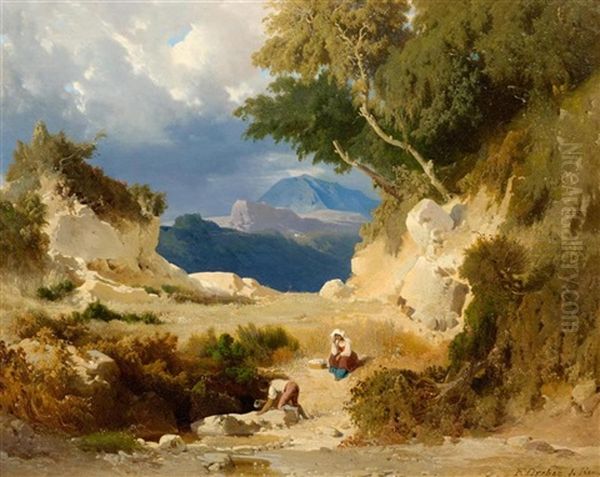 Flusslandschaft Mit Figuren Oil Painting by Heinrich Dreber