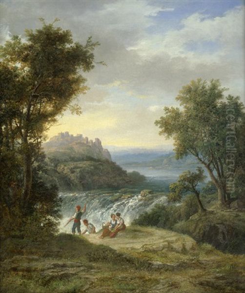 Italienische Landschaft Mit Rastenden Bauern An Einem Wasserfall Oil Painting by Heinrich Dreber
