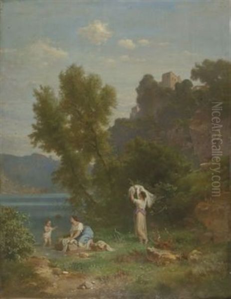 Wascherinnen Am Fluss Oil Painting by Heinrich Dreber