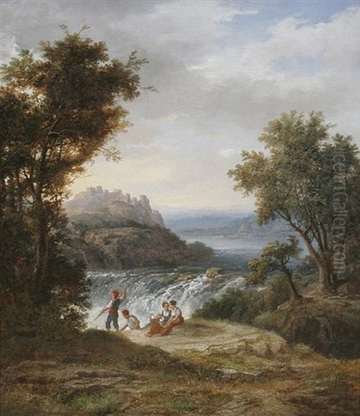 Italienische Landschaft Mit Rastenden Bauern An Einem Wasserfall, Im Hintergrund Eine Burg Auf Einer Anhohe Oil Painting by Heinrich Dreber