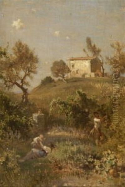 Kleiner Campagna-hugel Mit Haus Und Arbeiterfamilie Oil Painting by Heinrich Dreber
