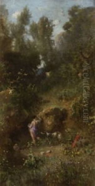 Waldtal Mit Badender Diana Oil Painting by Heinrich Dreber