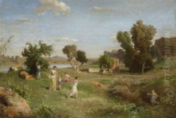 Tiber-landschaft Im Fruhling Oil Painting by Heinrich Dreber