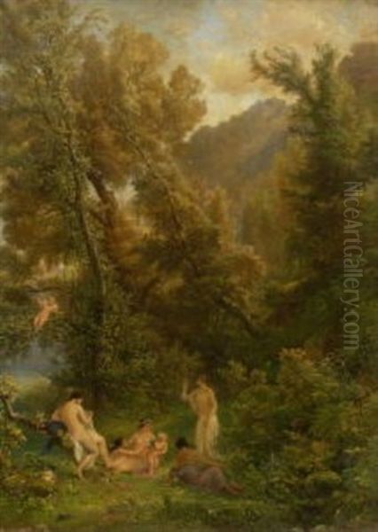 Deutsche Waldlandschaft Mit Jungling Und Quellnymphe Oil Painting by Heinrich Dreber