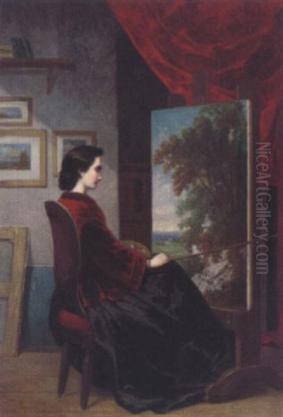 Die Malerin Elisabeth Seeburg Vor Der Staffelei In Ihrem Atelier Oil Painting by Heinrich Dreber