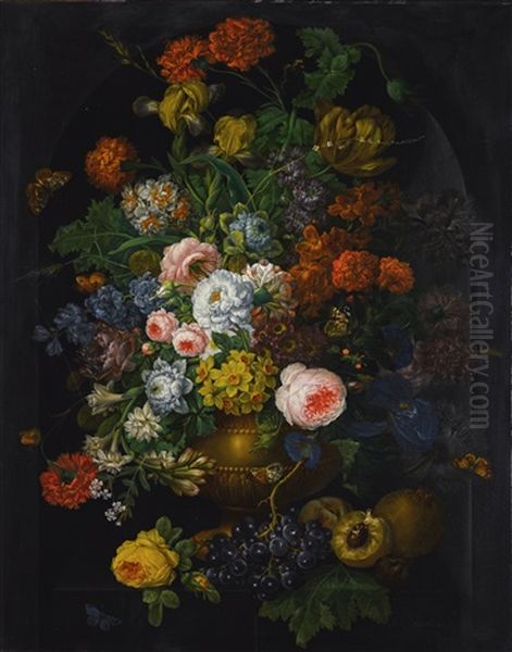 A Still Life Of Flowers In A Vase With Butterflies Oil Painting by Johann Baptist Drechsler