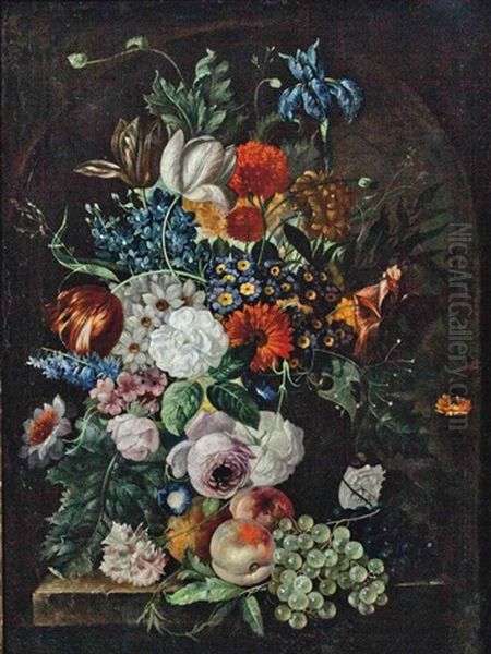 Roses And Other Flowers In A Stone Urn With Peaches And Grapes On A Stone Ledge, Set In A Niche Oil Painting by Johann Baptist Drechsler