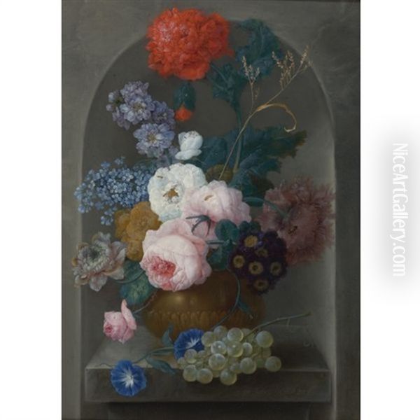 Still Life Of Roses, Peonies, Primroses, A Poppy And Other Flowers In A Vase With Grapes, Resting On A Stone Ledge Within A Niche Oil Painting by Johann Baptist Drechsler