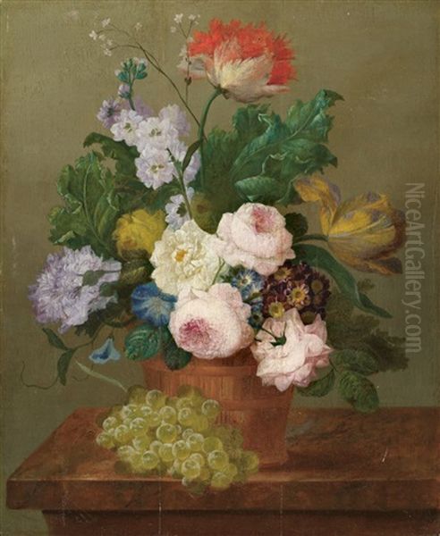 Blumenstrauss Und Weintrauben Auf Einer Tischplatte Oil Painting by Johann Baptist Drechsler