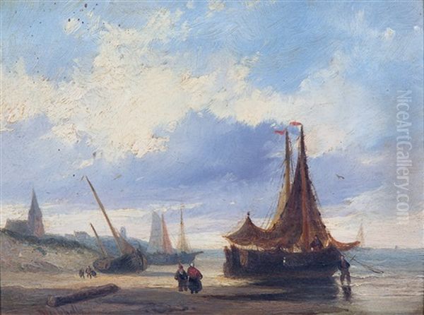 Fishermen And Boats At The Beach Oil Painting by Christiaan Lodewijk Willem Dreibholtz