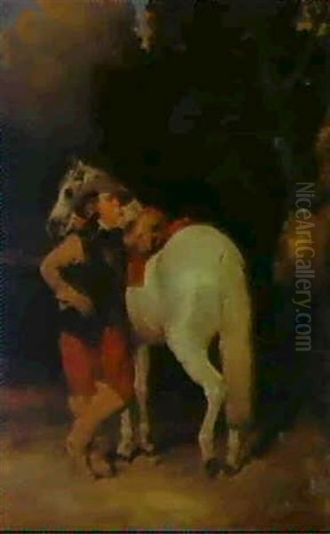 A Musketeer Beside His Horse Oil Painting by Alfred De Dreux