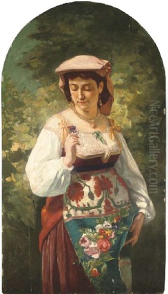 An Italian Beauty Holding A Flower Oil Painting by Aleksandr Davidovic Drevin