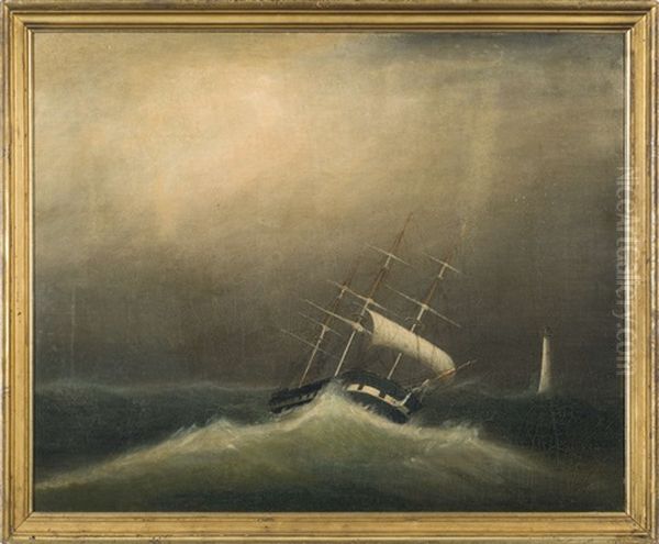 Ship In A Gale Rounding A Lighthouse Oil Painting by Clement Drew