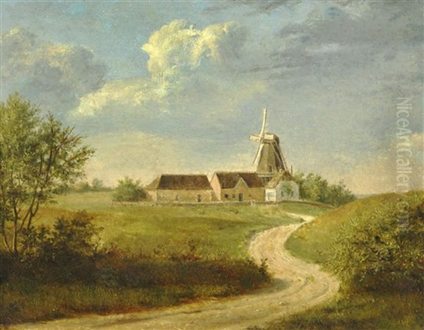 Houses And A Mill At The End Of A Road Oil Painting by Dankvart Dreyer