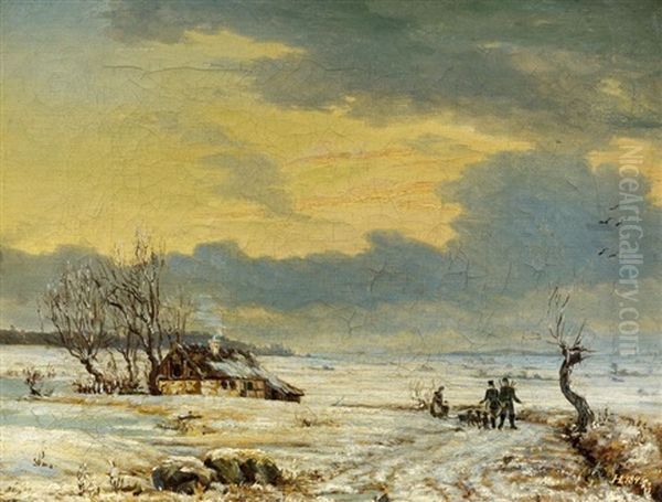 Weite Danische Winterlandschaft Mit Jagern Oil Painting by Dankvart Dreyer