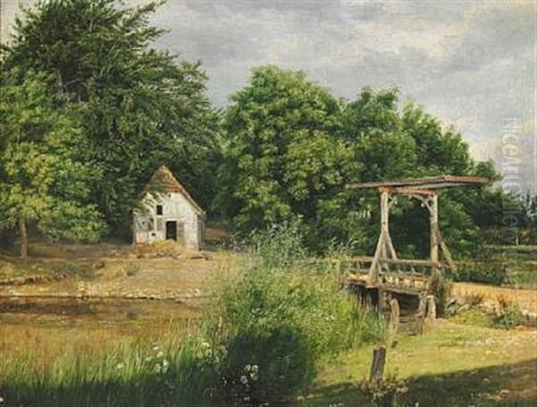 Indkorsel Til En Skov Med Et Ledvogterhus; I Forgrunden En Traekbro Oil Painting by Dankvart Dreyer