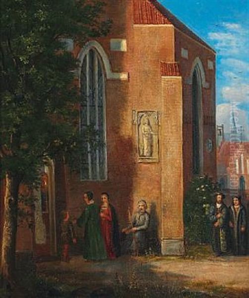 Parti Foran En Kirke; Kirkegaengere I Det Xvi Arhundredes Dragter Oil Painting by Dankvart Dreyer