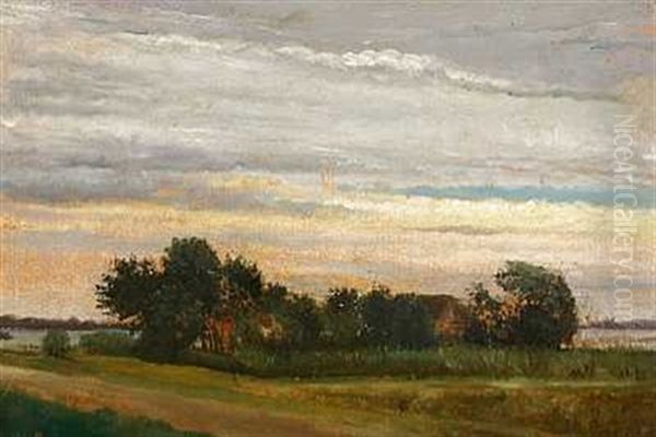 Bygninger Imellem Traeer Ud Til En Kyst Oil Painting by Dankvart Dreyer