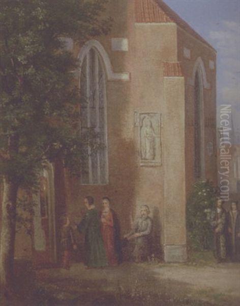Parti Foran Kirke, Kirkegaengere I Xvi-tals Dragter Oil Painting by Dankvart Dreyer