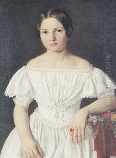 Portraet Af Marie Sophie Bruun, Senere Gift Johns, I Hvid Kjole Med Flaeser Oil Painting by Dankvart Dreyer