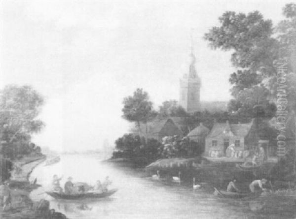 A River Landscape With Cattle                               Ferry Before A Village Oil Painting by Willem van Drielenburch