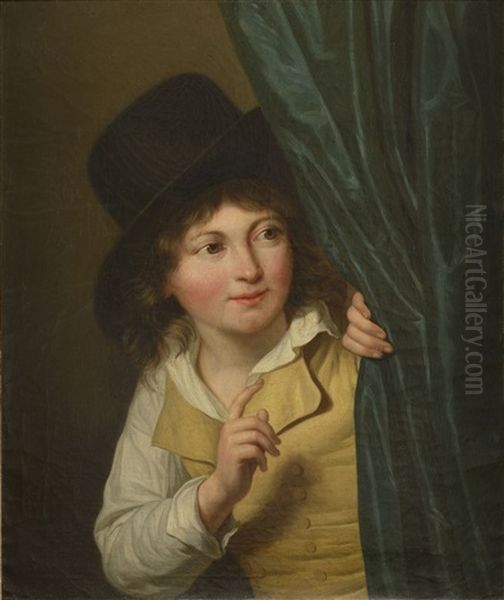 Petit Garcon Cache Derriere Un Rideau Oil Painting by Martin Droelling