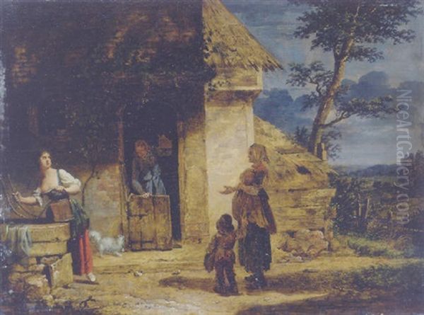 Charity: A Peasant Woman And Her Children Begging At A Cottage Oil Painting by Martin Droelling
