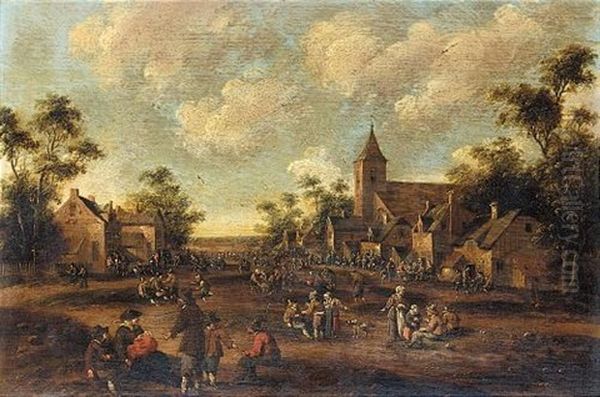 Village Scene With Crowds Of Figures Before A Church Oil Painting by Cornelis Droochsloot