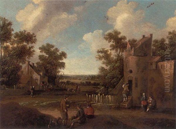 A View Of A Village With Peasants Conversing On A Road Oil Painting by Cornelis Droochsloot