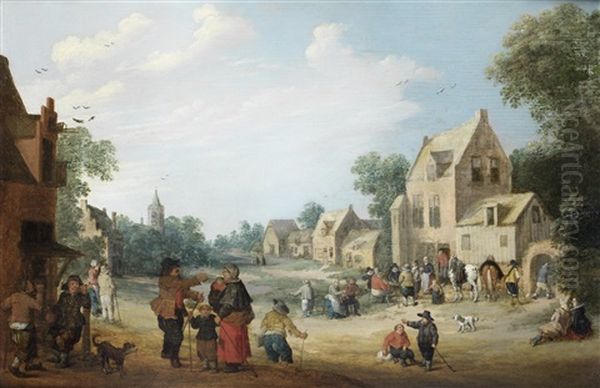 A Village With Figures Gathered Outside An Inn Oil Painting by Joost Cornelisz. Droochsloot