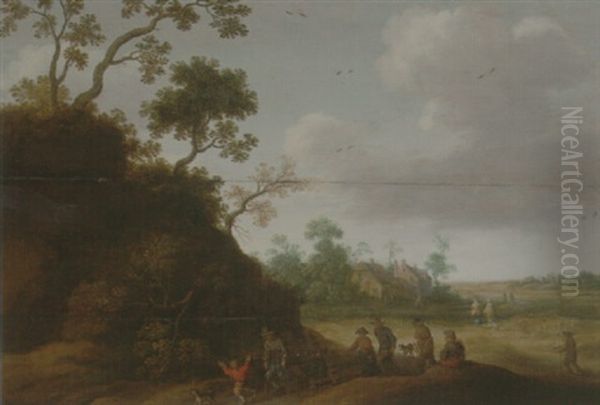 An Open Landscape With Travellers On A Path Beside A Hillock, Houses Beyond Oil Painting by Joost Cornelisz. Droochsloot