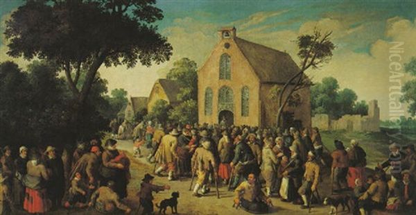 A Village Scene With Peasants Gathering Outside A Church Oil Painting by Joost Cornelisz. Droochsloot