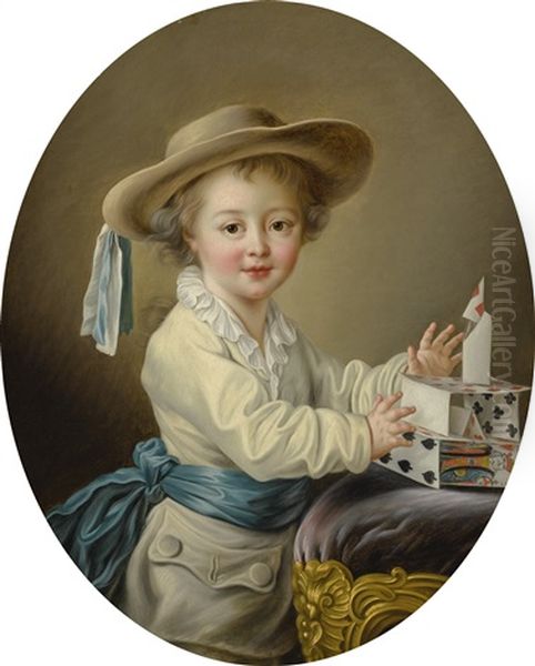 A Boy Playing With A House Of Cards, On A Gilt Upholstered Footstool Oil Painting by Francois Hubert Drouais