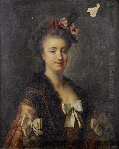 Portrait Of A Lady In A Pink Embroidered Silk Dress And A Black Lace Shawl, A Pink Ribbon In Her Hair Oil Painting by Francois Hubert Drouais