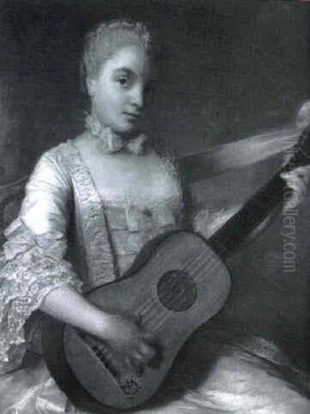 Portrait Of A Lady In A White Dress Playing A Guitar Oil Painting by Francois Hubert Drouais