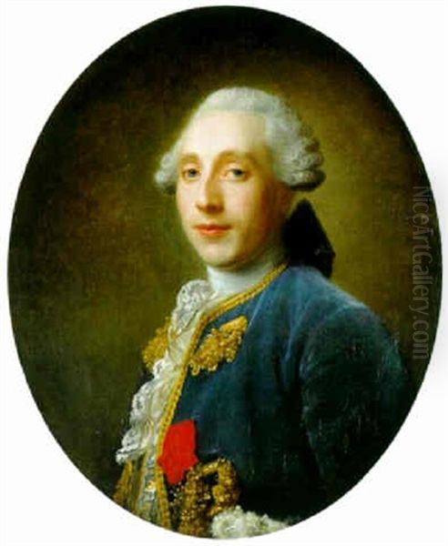 Portrait Of A Gentleman, In A Blue Velvet Coat With Gold Frogging And Lace Ruff Oil Painting by Francois Hubert Drouais