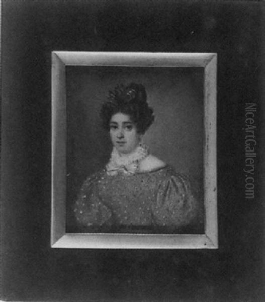 A Lady In Green Dress Patterned With Flower Design, Green Belt With Metal Buckle, White Ruff Collar And Pink Bow Oil Painting by Jean-Pierre Drouin