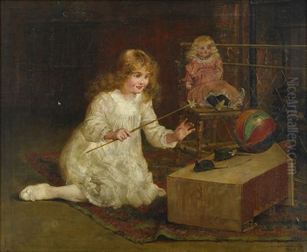 Girl Playing With Toys Oil Painting by Arthur Drummond
