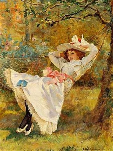 En Ung Pige Hviler Sig I En Haengekoje Oil Painting by Arthur Drummond