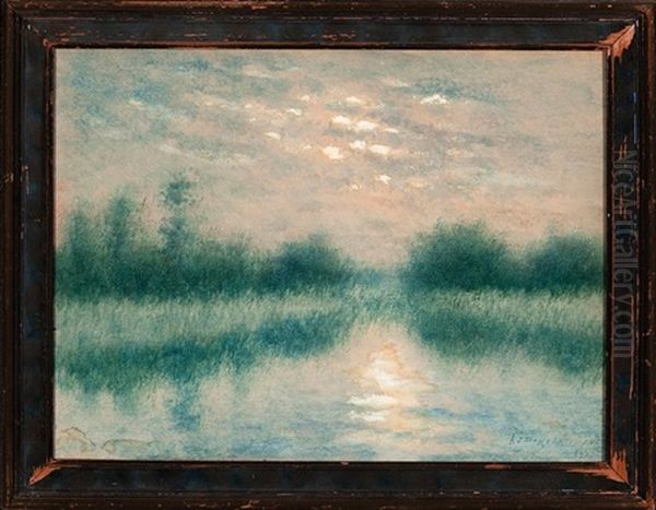 Moonrise On Lake Pontchartrain And Moonrise, Bayou Teche (2 Works) Oil Painting by Alexander John Drysdale