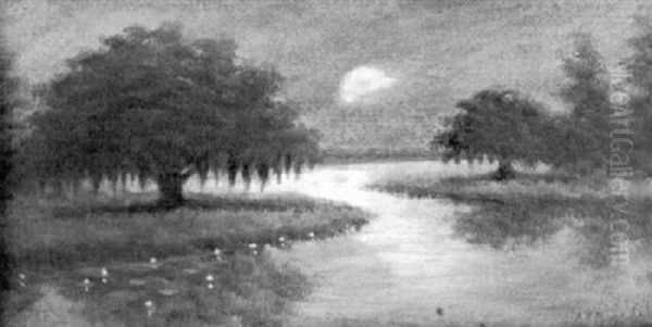 Bayou Scene With Live Oak And Moon Oil Painting by Alexander John Drysdale