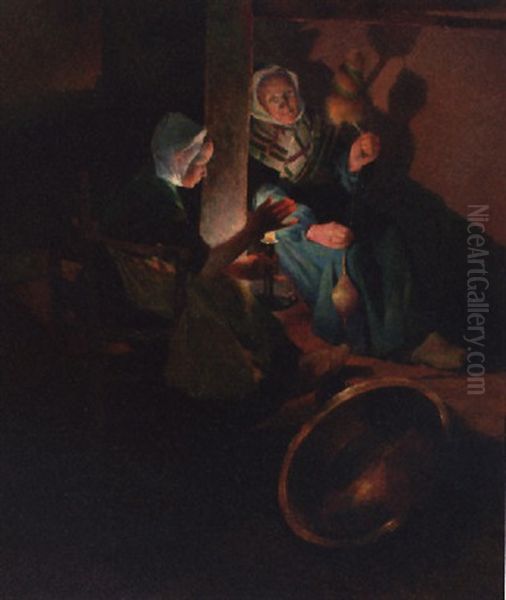 Fileuses A La Bougie Oil Painting by Ferdinand du Puigaudeau