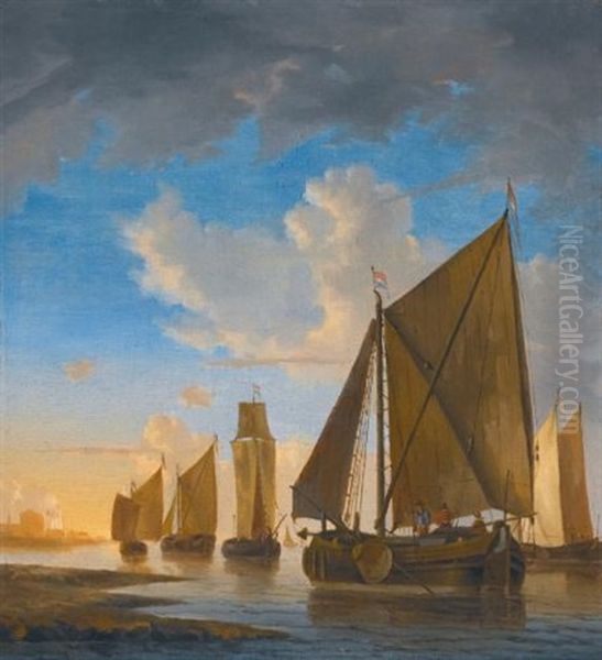 Smalschips In A Calm Near The Shore At Sunset Oil Painting by Hendrik Jacobsz Dubbels