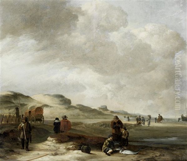 A Beach Landscape With A Fish Seller Oil Painting by Hendrik Jacobsz Dubbels