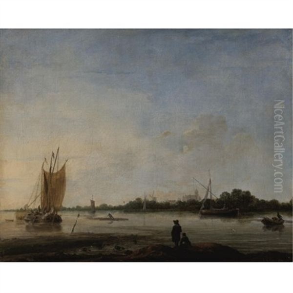 View Of A River With Boats And Figures And A Town In The Distance Oil Painting by Hendrik Jacobsz Dubbels